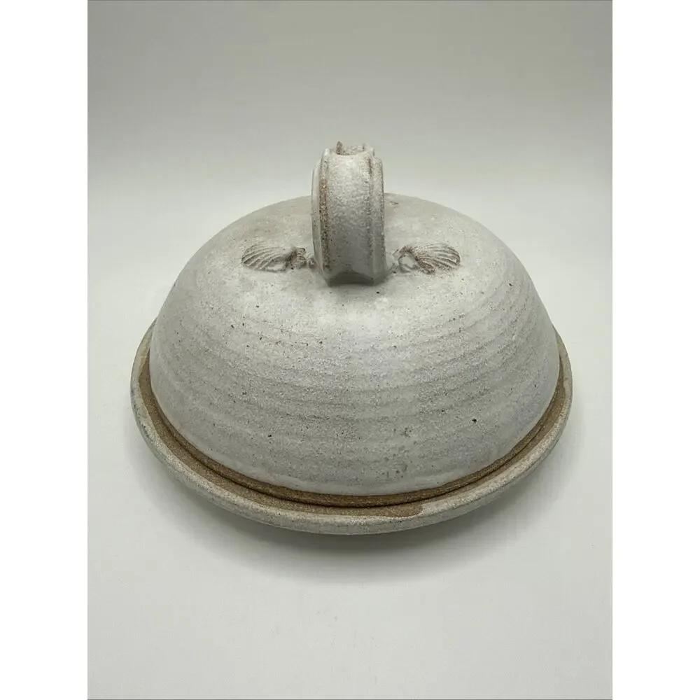 Vintage Handmade Pottery Lidded Blue & Cream Cheese Crock w Ribbon Handles